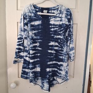 Mind Set by XCVI Women's Blue Tie-Dye Long Sleeve High-Low Cotton Tunic Top Sz L